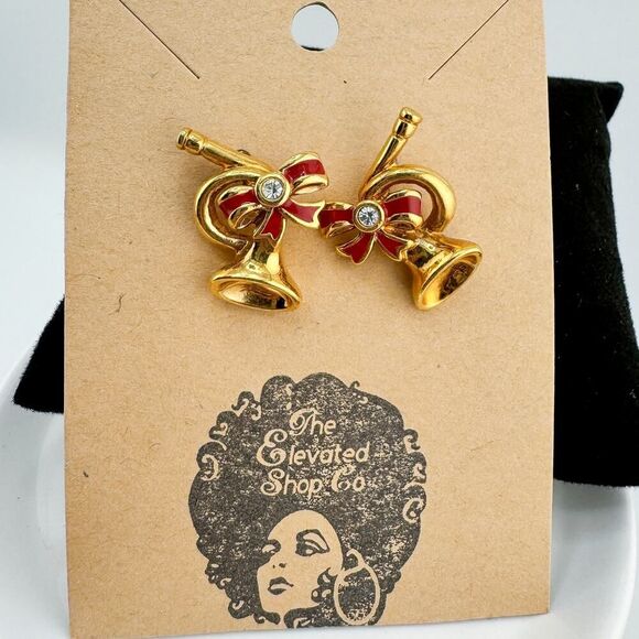 Vintage Avon Holiday Trumpet Ribbon Christmas Festive Stud Gold Tone Retro - Picture 3 of 6